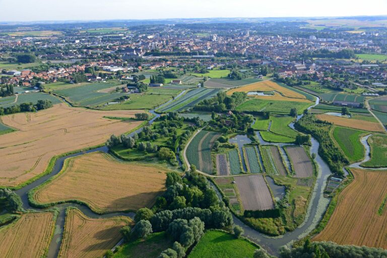An aerial view of a landscape featuring agricultural fields, winding waterways, and a town in the background. The farmland is divided into various plots with different crops, while the town includes buildings such as houses and a church or cathedral, highlighting the blend of rural and urban environments.
