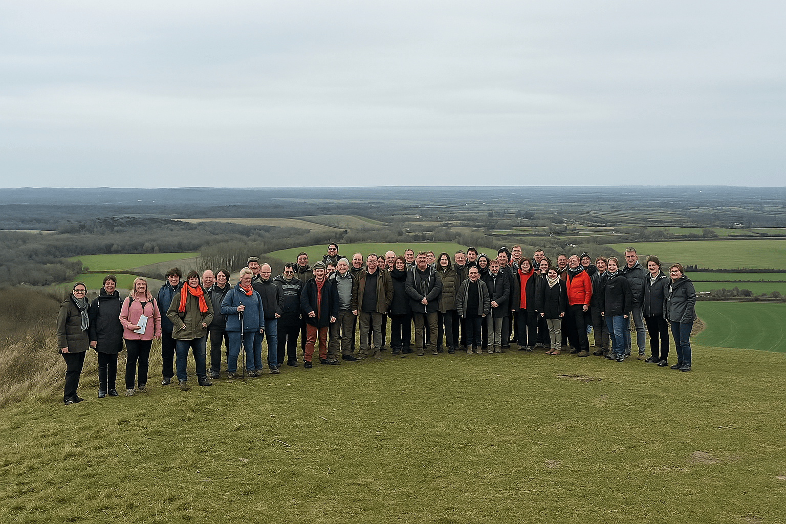 Un grand groupe de personnes s’est rassemblé au sommet d’une colline herbeuse, profitant d’une vue panoramique sur la campagne. Le paysage comprend des champs, des forêts et des collines lointaines sous un ciel nuageux, suggérant une excursion en plein air ou une randonnée en groupe. 