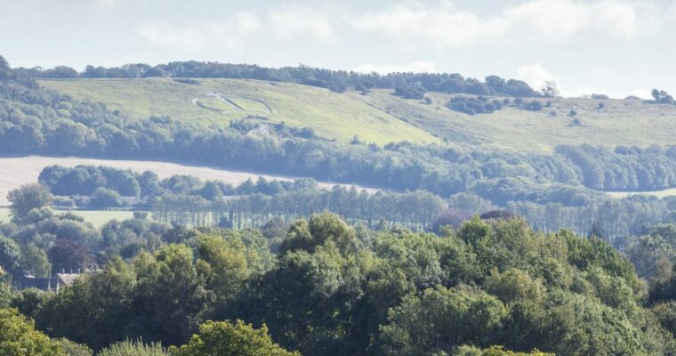 View over green hills and Wye Crown seen afar